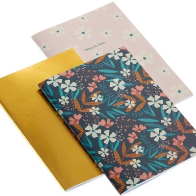 Três cadernos com capas decoradas e lisas empilhados sobre fundo branco