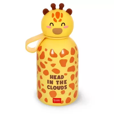 Garrafa amarela com padrão de girafa e tampa em forma de cabeça de girafa sorridente