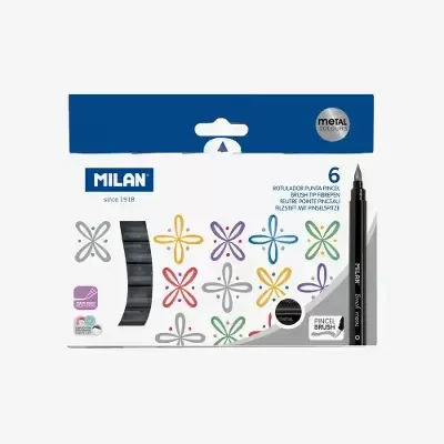 Conjunto de 12 marcadores MILAN de ponta pincel em caixa branca com cores metálicas