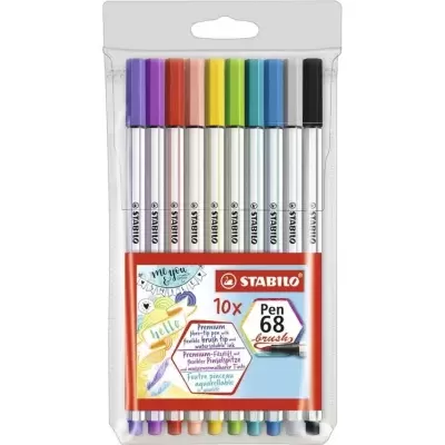 Pack de 10 canetas Stabilo Pen 68 com pontas de pincel coloridas.