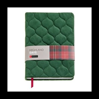 Caderno verde acolchoado com faixa branca e padrão aos quadrados vermelhos.