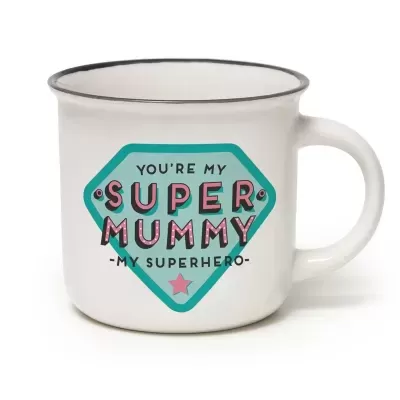 Caneca branca com texto YOURE MY SUPER MUMMY - MY SUPERHERO- e decoração azul e rosa