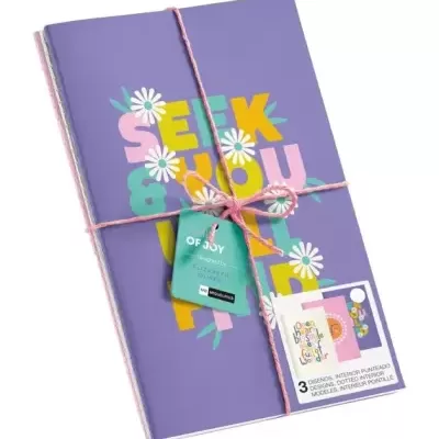 Conjunto de três cadernos com capa roxa e texto colorido amarrados com cordão rosa