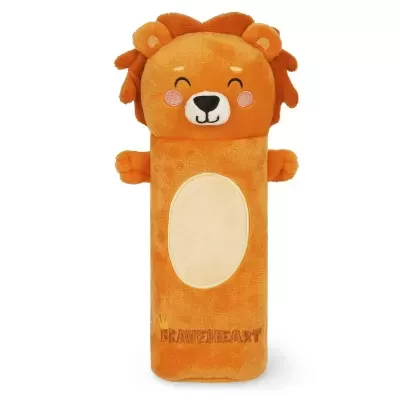 Peluche leão laranja com barriga creme e texto BRAVEHEART