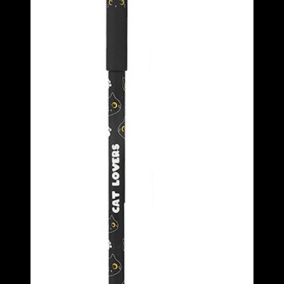 Lápis preto decorado com olhos de gato amarelos e texto CAT LOVERS com tampa em forma de cabeça de gato