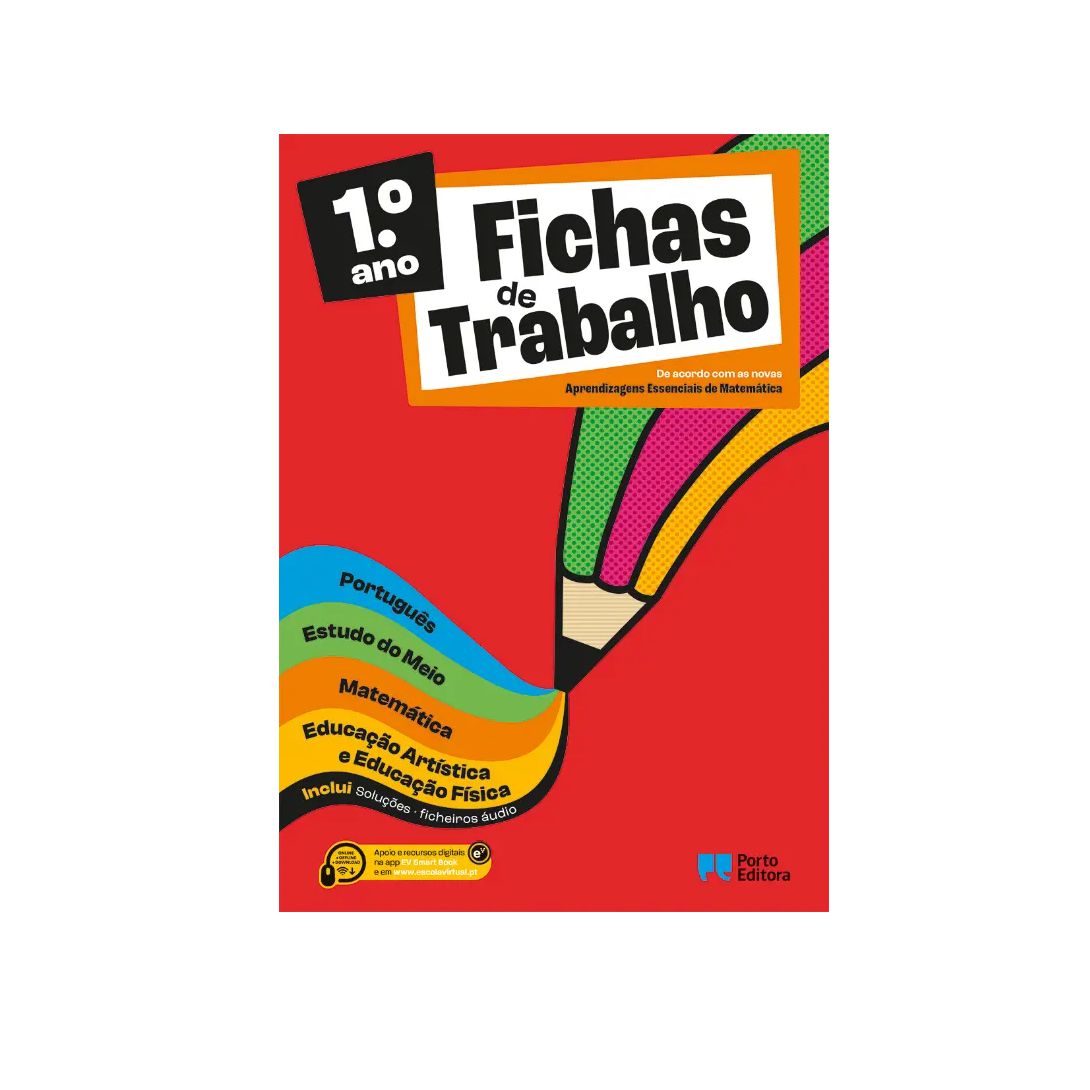 Fichas de Trabalho - 1.º ano Capa de livro escolar vermelho com texto Fichas de Trabalho 1.º ano e lápis colorido