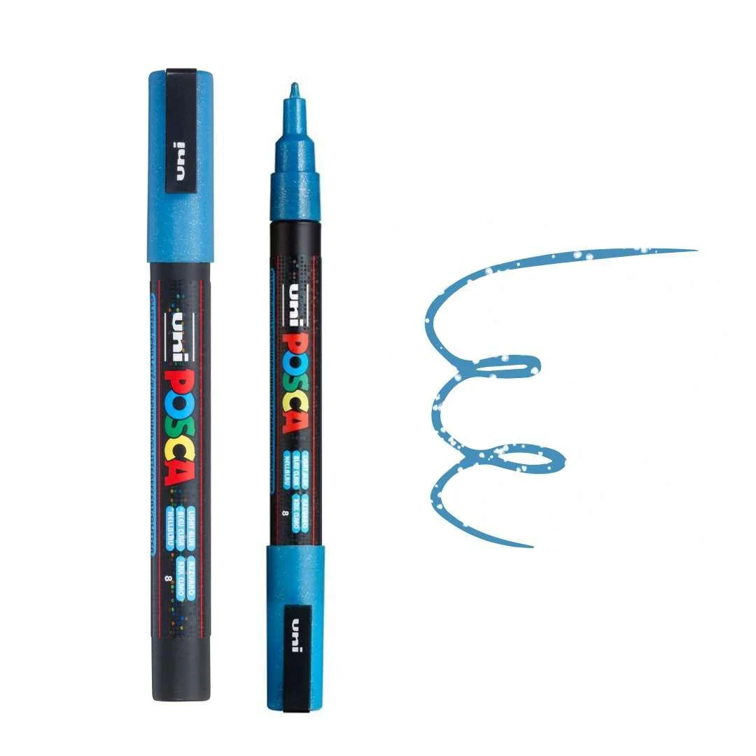 Marcador Posca PC-3ML Azul Claro Brilhante Caneta marcador azul POSCA Uni com tampa e traço ondulado
