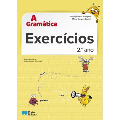 A Gramática - Exercícios - 2.º ano Capa de livro educativo amarelo 'A Gramática Exercícios 2.º ano' com ilustrações e texto