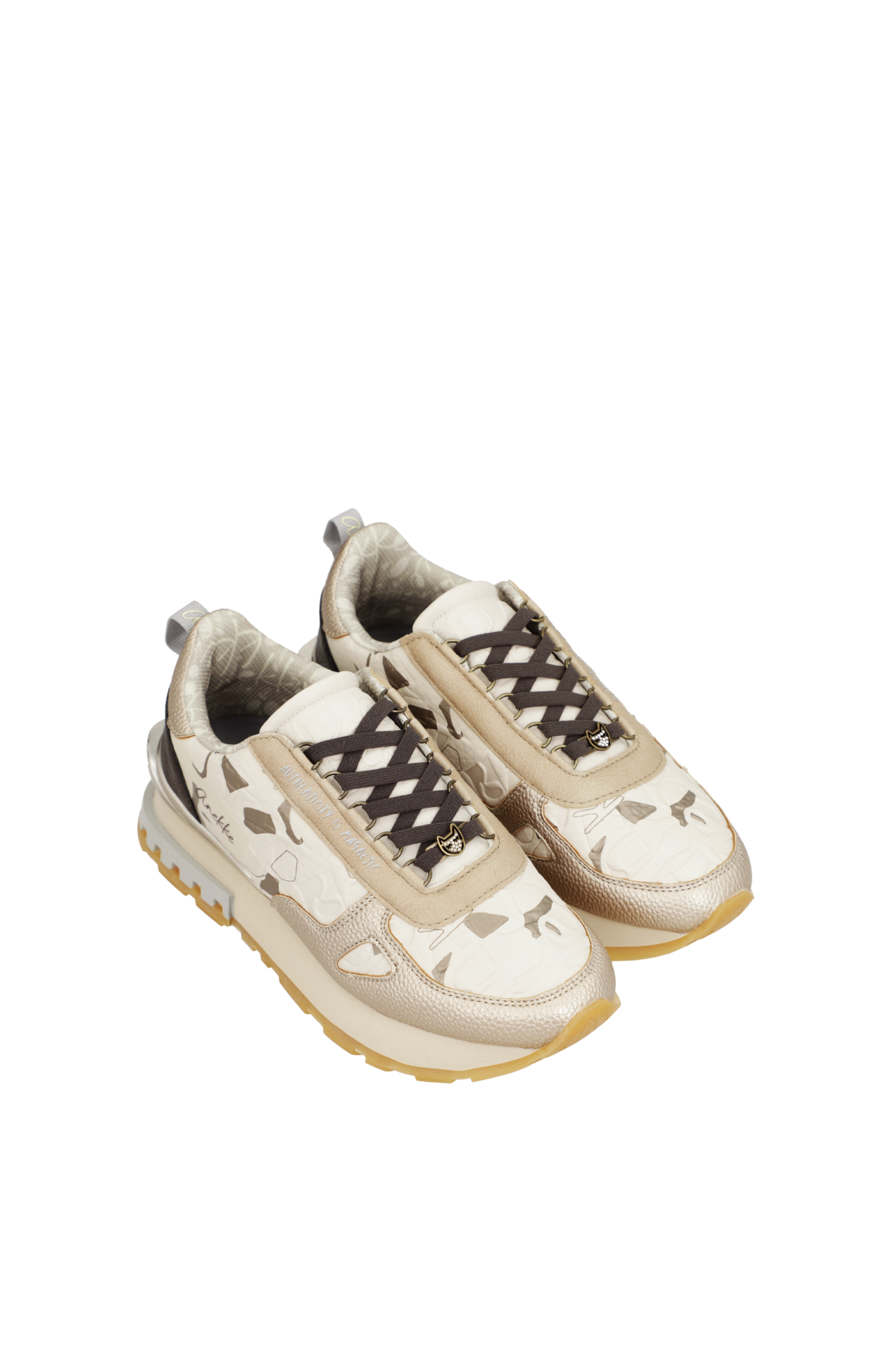 Sapatilhas Anekke Muse Urban Lisboa 423 Beige&Gold Sapatilhas bege e douradas com padrão de manchas e atacadores pretos