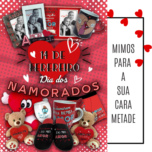 Presentes Dia dos Namorados com ursinhos, canecas, chinelos, porta-retratos e caixas vermelhas sobre fundo vermelho com bolinhas brancas