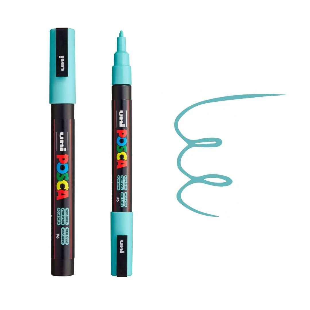 Marcador Posca PC-3M Verde Água Pastel Canetas Posca uni preto com tampas azul-turquesa e traço azul-turquesa.