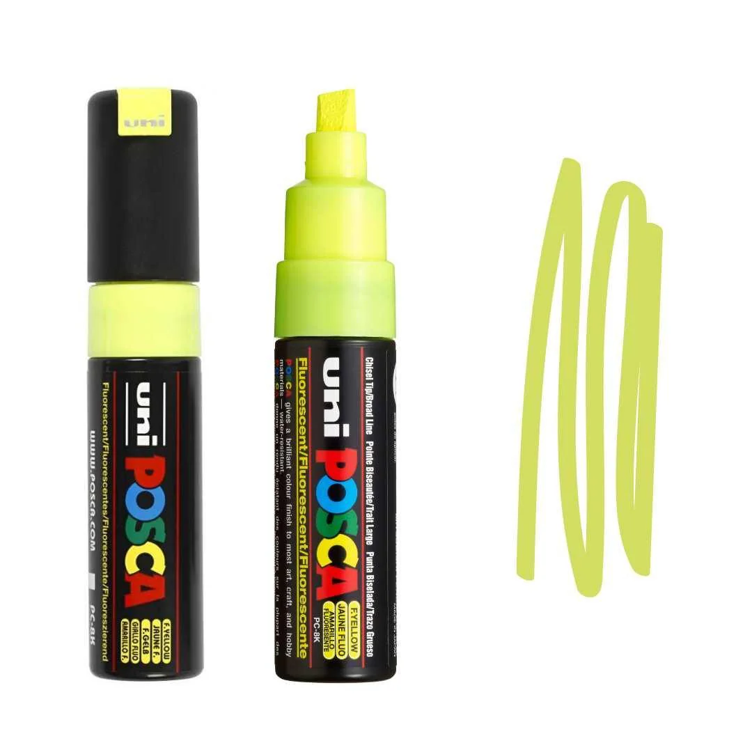 Marcador Posca PC-8K Amarelo Fluorescente Dois marcadores uni Posca preto com rótulo colorido e amarela fluorescente