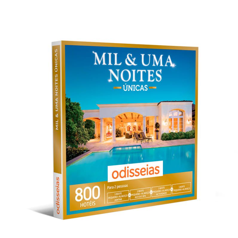 Pack Presente - MIL E UMA NOITES ÚNICAS Caixa Mil & Uma Noites Únicas com imagem de casa e piscina, com texto odisseias e descrição de hotéis