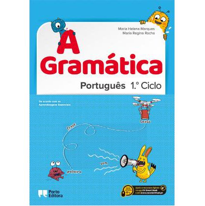 A Gramática - Português - 1.º ciclo Capa de livro educativo de gramática para o 1.º ciclo em português com ilustrações e texto