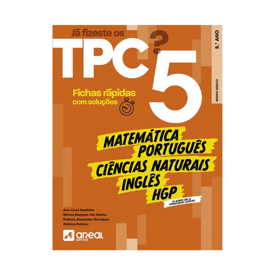 Já Fizeste os TPC? 5 Capa de livro escolar laranja com texto branco e amarelo e títulos de disciplinas escolares