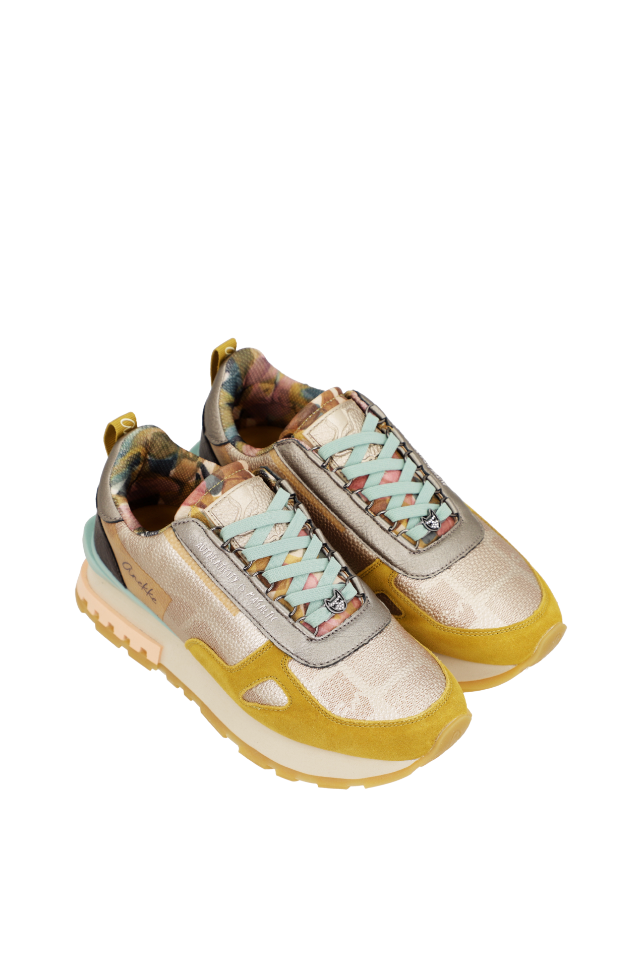 Sapatilhas Anekke Sophia Urban Lisboa 423 Yellow&Gold Ténis bege, amarelos e cinza com atacadores azuis claros e interior camuflado colorido