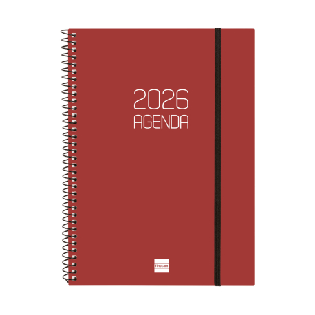 Agenda Finocam 2026 Semanal Beta Vermelho Agenda espiral 2026 vermelha com elástico preto e texto branco