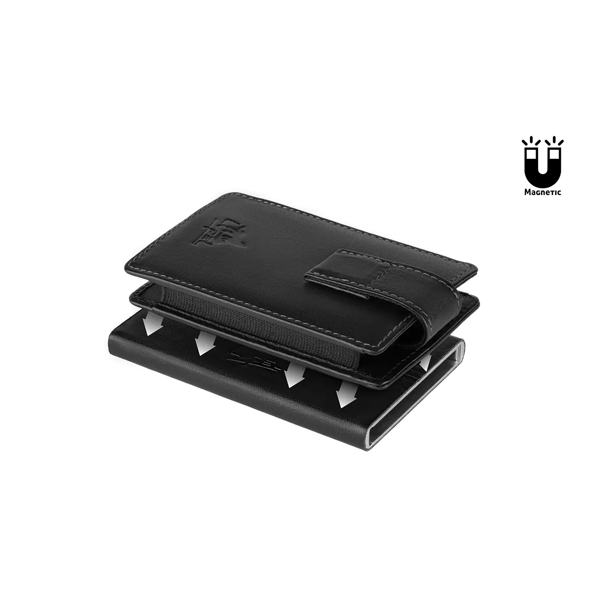 Carteira Multifunções 2 em 1 em Pele com Anti-RFID Preto Carteira preta com fecho e suporte magnético preto com setas brancas