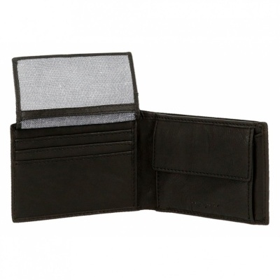 Carteira preta de couro aberta com compartimentos para cartões e moedas