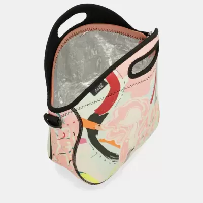 Bolsa térmica de lunch com padrão abstrato colorido e alças integradas