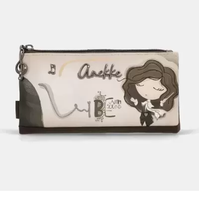 Estojo bege e castanho com desenho de menina e texto Anekke Live With Sound