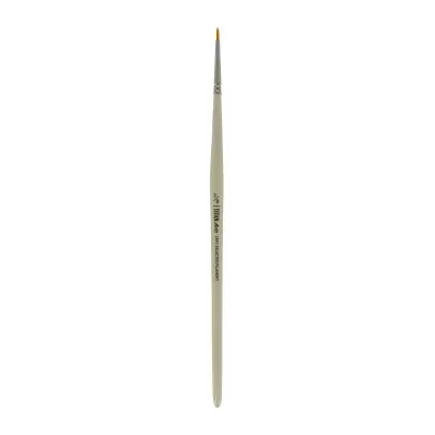 Pincel fino para pintura de cabo branco com cerdas amarelas e texto no cabo.