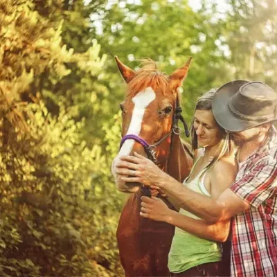 Homem e mulher a acariciar cavalo castanho com listra branca na cabeça em ambiente exterior