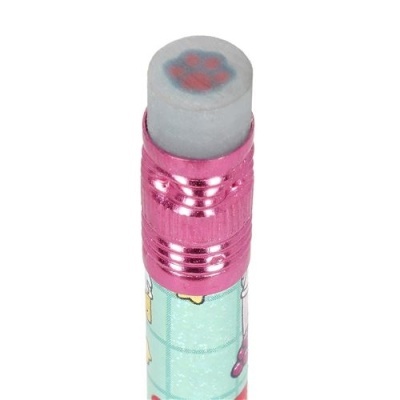Borracha cinzenta com desenho de pata vermelha em suporte rosa num lápis decorado a azul claro
