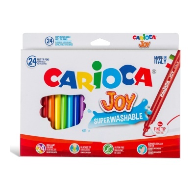 Estojo de 24 marcadores de feltro coloridos Carioca Joy Superwashable, embalagem branca com letras coloridas.