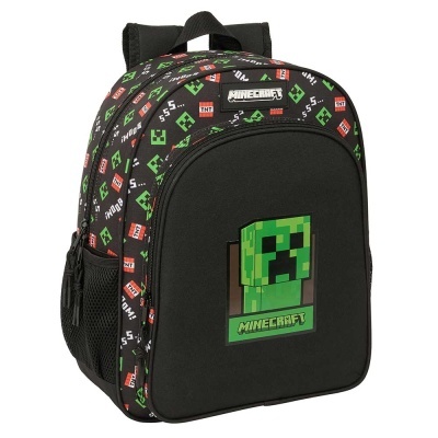 Mochila preta Minecraft com padrão de blocos e personagem pixelado verde