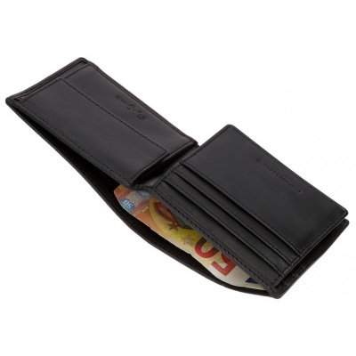 Carteira preta em pele com compartimentos para cartões e notas