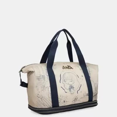 Mala de viagem bege com alças pretas largas e desenho frontal