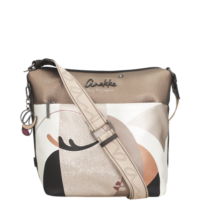 Mala de ombro Anekke bege e castanha com padrão geométrico e alça ajustável