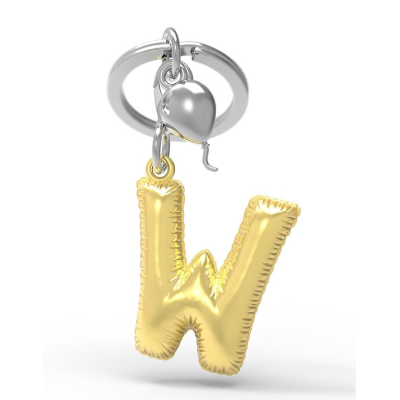 Chaveiro com letra 'W' dourada em forma de balão e pingente prata