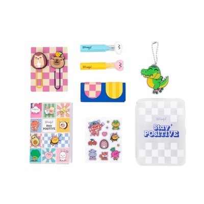 Conjunto de papelaria com clips, chaveiro, autocolantes, estojos coloridos e texto Stay POSITIVE