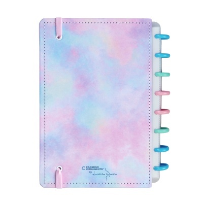 Caderno tie-dye rosa azul lilás com argolas coloridas e elástico rosa