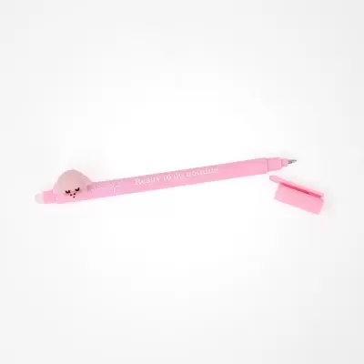Caneta cor-de-rosa com porquinho e texto branco
