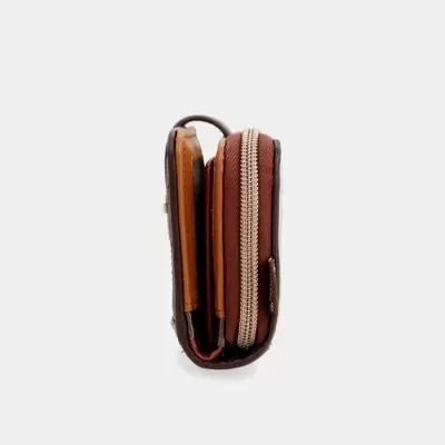 Carteira ou porta-moedas castanha com fecho e múltiplos compartimentos