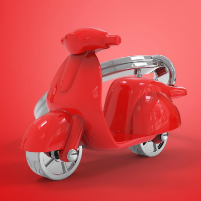 Modelo de scooter vermelho com detalhes prateados num fundo vermelho.
