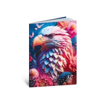 Capa de caderno colorida com ilustração de águia e flores