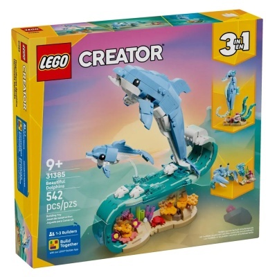Caixa LEGO Creator 31385 Beautiful Dolphins com golfinhos e três modelos 3 em 1