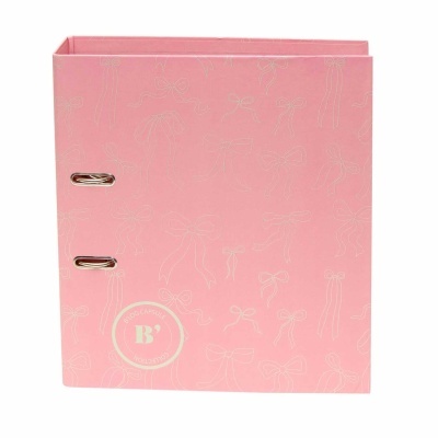 Arquivo rosa com padrão de laços e selo branco