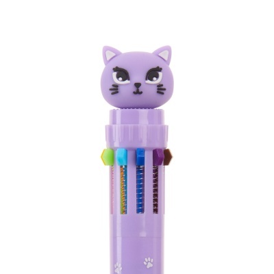 Caneta lilás com cabeça de gato e múltiplas cores de tinta.