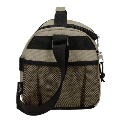 Mochila pequena bege com bolso de rede e alça preta