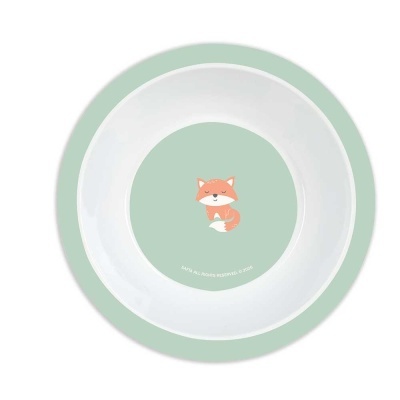 Prato fundo branco com raposa laranja num fundo verde pastel