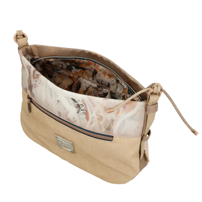 Mala de ombro bege com padrão floral no interior e bolso exterior com fecho.