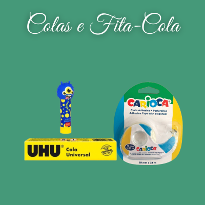 Três produtos de colas e fita-cola sobre fundo verde com texto