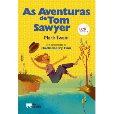 Capa do livro As Aventuras de Tom Sawyer, texto em amarelo com ilustração de menino a cair na água