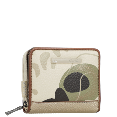 Carteira bege com padrão abstrato e placa Anekke