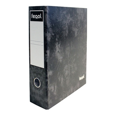Pasta de arquivo cinza marmoreado com etiqueta branca e texto feqol